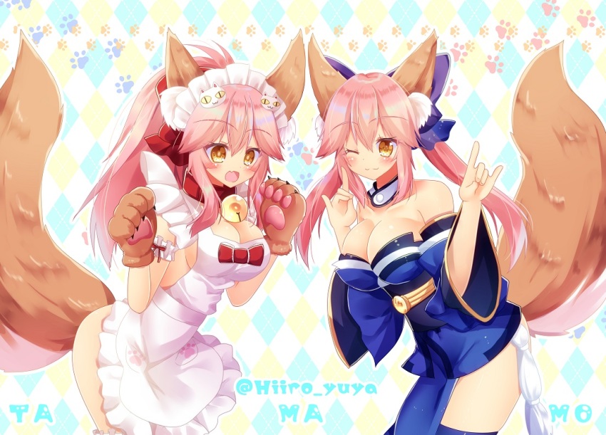 10s, 2girls, :3, animal_ear_fluff, animal_ears, animal_hands, apron, bell