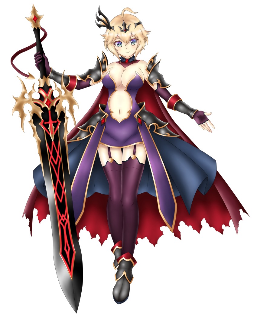 1girl, absurdres, alternate_costume, asymmetrical_gloves, black_thighhighs, blonde_hair, blue_eyes, breasts, cape, cleavage, clothing_cutout, crown, dark_persona, detached_sleeves, fingerless_gloves, garter_straps, gloves, greatsword, highres, holding, holding_sword, holding_weapon, huge_weapon, kanon_(ta_ga_tame_no_alchemist), keima_scarlet, looking_at_viewer, medium_breasts, navel, navel_cutout, short_hair, simple_background, sword, ta_ga_tame_no_alchemist, thighhighs, uneven_gloves, weapon, white_background