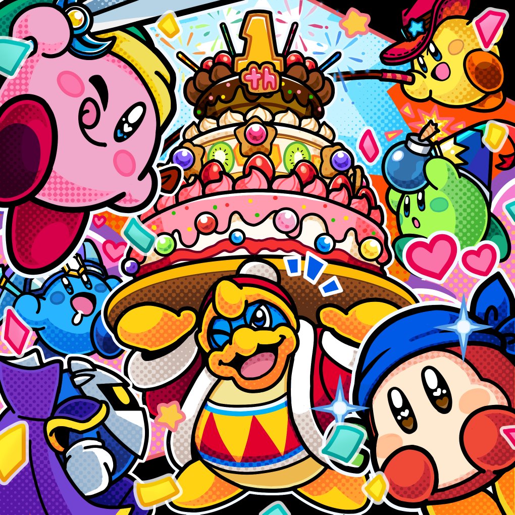 2boys, ;p, anniversary, bandana, bandana_waddle_dee, bomb, bomb_kirby, cake, commentary_request, confetti, copy_ability, cowboy_hat, explosive, food, hat, heart, king_dedede, kirby, kirby_battle_royale, kirby_(series), meta_knight, mirror_kirby, multiple_boys, nintendo, official_art, one_eye_closed, smile, sparkling_eyes, star_(symbol), sword_kirby, tongue, tongue_out, wand, whip, whip_kirby