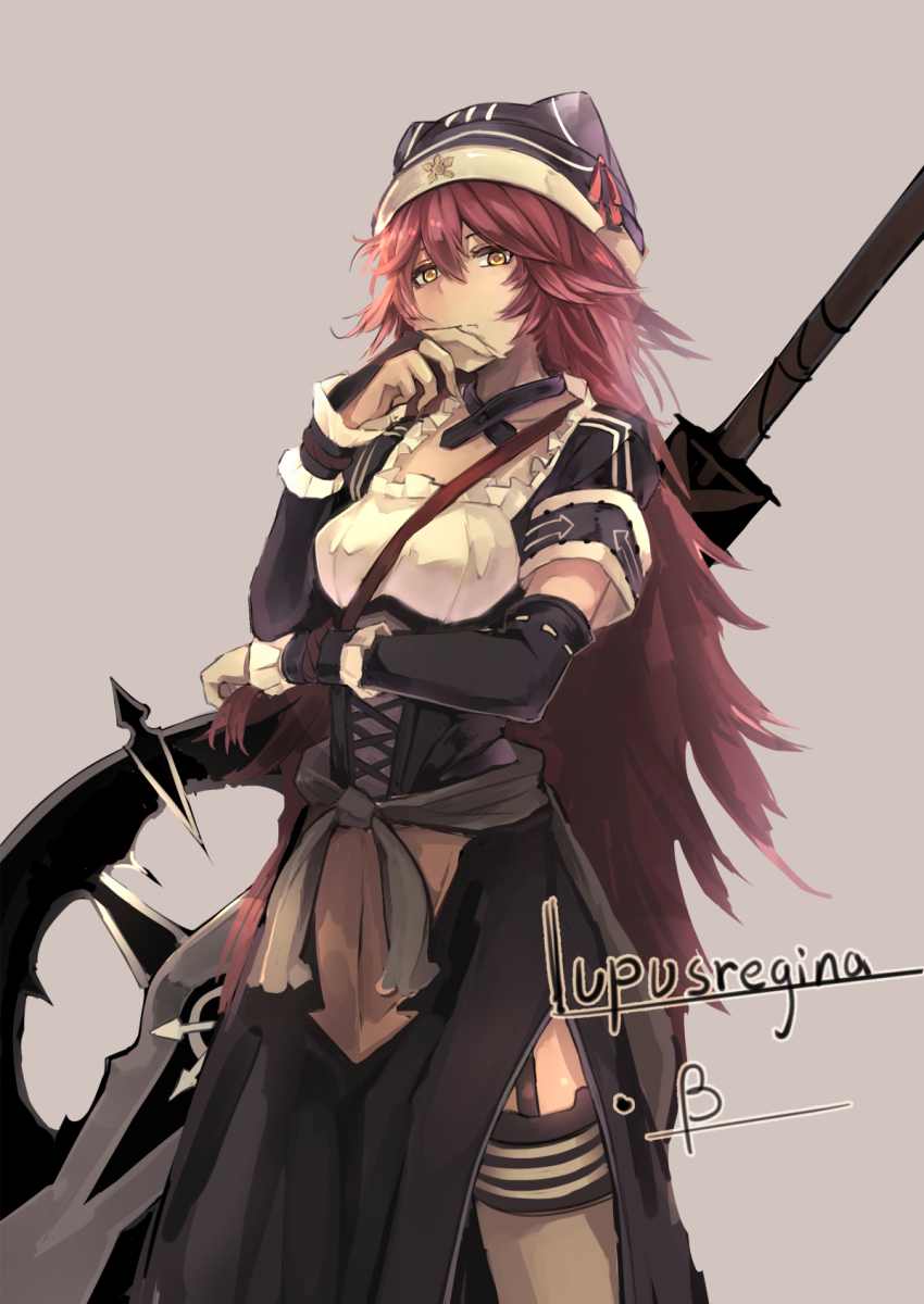 1girl, black_dress, black_thighhighs, breasts, bridal_gauntlets, character_name, closed_mouth, cowboy_shot