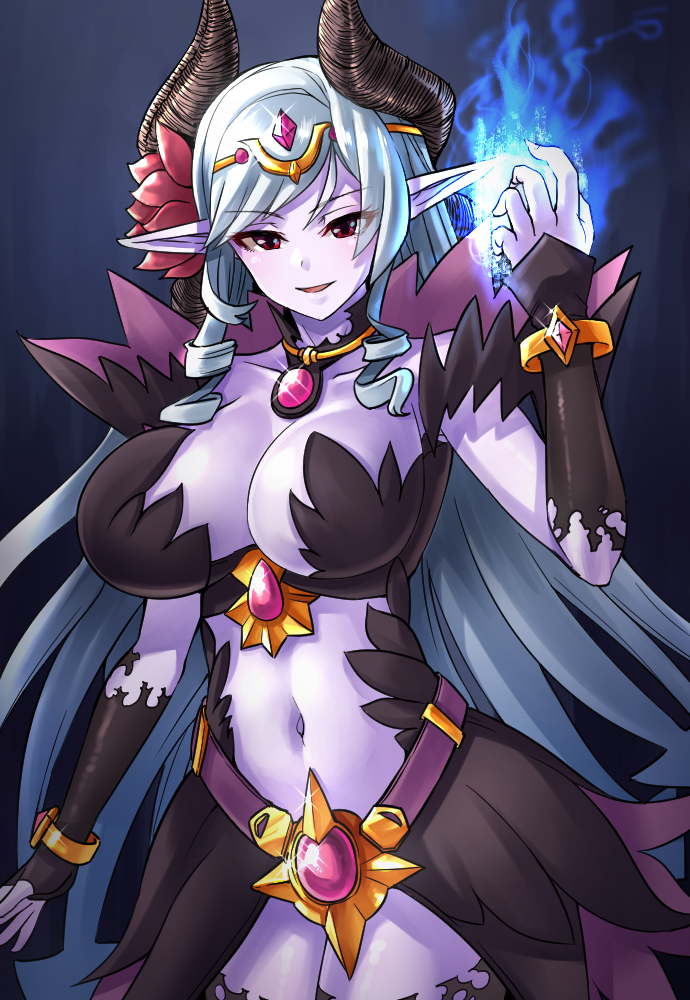 1girl, belt, black_background, black_thighhighs, breasts, cleavage, colored_skin, cowboy_shot, decanee, demon_girl, demon_horns, detached_collar, female_focus, fingernails, glint, gloves, glowing, glowing_hand, gradient_background, grand_chase, horns, jewelry, legs_together, long_fingernails, long_hair, navel, necklace, off_shoulder, pointy_ears, purple_belt, purple_skin, revealing_clothes, smile, solo, standing, stomach, swept_bangs, thighhighs, torn_clothes, torn_gloves, torn_sleeves, torn_thighhighs, very_long_hair, yong-gok