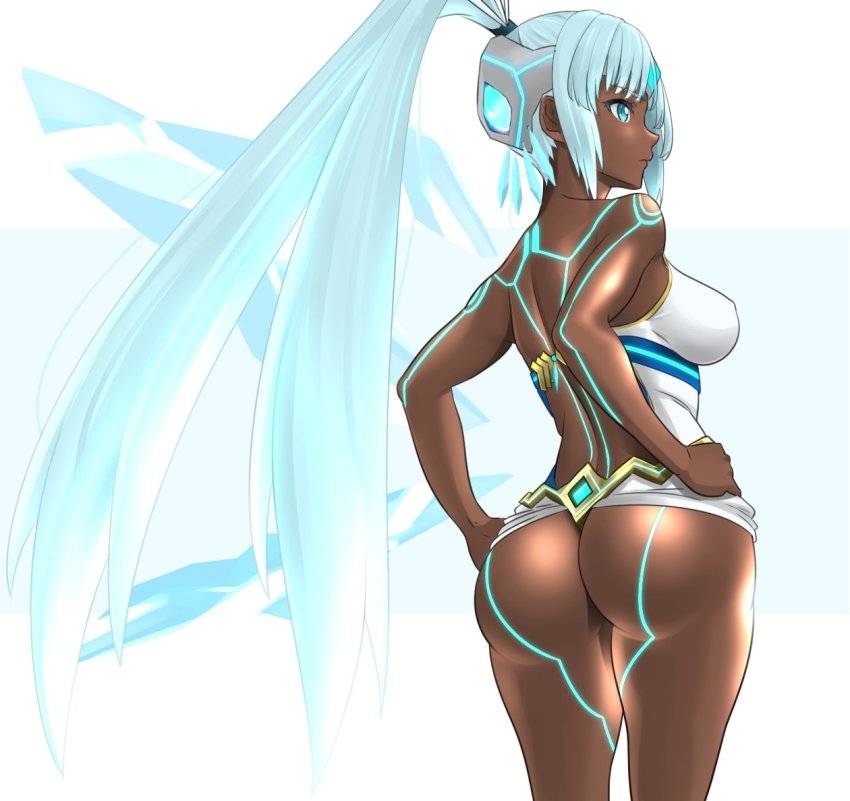 1girl, artist_request, ass, back, blue_eyes, blue_hair, breasts, dark-skinned_female, dark_skin, dolling60883582, female_focus, from_behind, large_breasts, long_hair, nintendo, one-piece_swimsuit, perun_(xenoblade), ponytail, simple_background, solo, standing, swimsuit, white_hair, xenoblade_chronicles_(series), xenoblade_chronicles_2