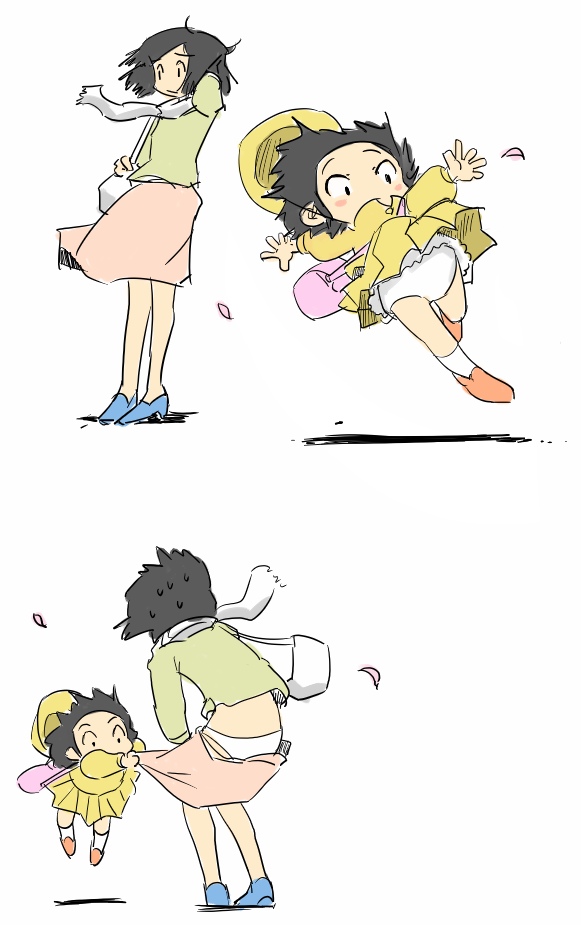 2girls, assisted_exposure, blush_stickers, child, clothes_pull, falling, hat, kindergarten, kindergarten_uniform, multiple_girls, ohyo, original, panties, pantsing, pantyshot, school_hat, school_uniform, simple_background, skirt, skirt_pull, underwear, upskirt, white_background, white_panties, wind, wind_lift