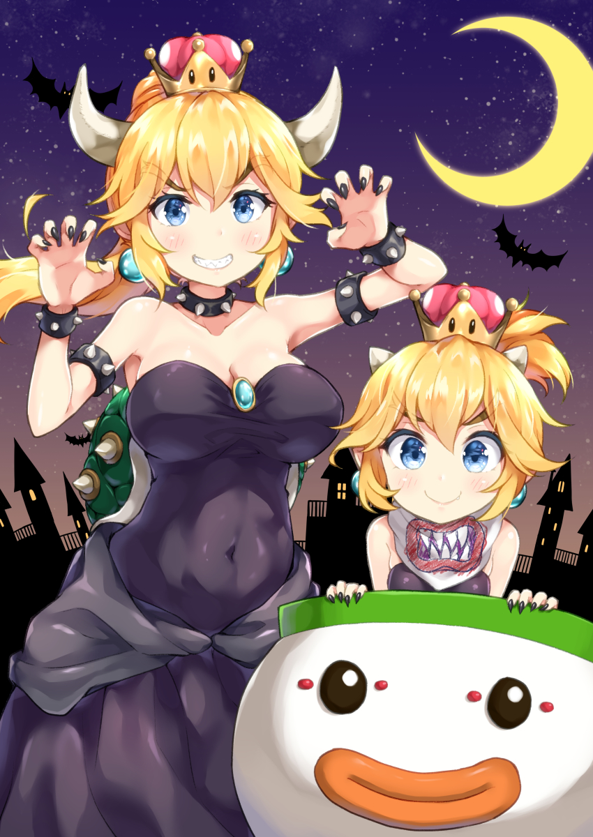 2girls, absurdres, armlet, bare_shoulders, bat_(animal), bib, black_dress, black_nails, blonde_hair, blush, bowsette, bowsette_jr., bracelet, breasts, brooch, claw_pose, cleavage, collar, collarbone, covered_navel, crescent_moon, crown, dress, earrings, fang, fang_out, fingernails, forked_eyebrows, grin, hair_between_eyes, halloween, hands_up, highres, horns, jewelry, koopa_clown_car, large_breasts, long_hair, looking_at_viewer, mario_(series), medium_breasts, miyabi_(miyabeeya), moon, mother_and_child, mother_and_daughter, multiple_girls, nail_polish, new_super_mario_bros._u_deluxe, night, nintendo, parent_and_child, ponytail, sharp_fingernails, sharp_teeth, sky, smile, spiked_armlet, spiked_bracelet, spiked_collar, spiked_shell, spikes, star_(sky), starry_sky, strapless, strapless_dress, teeth, thick_eyebrows, turtle_shell, v-shaped_eyebrows
