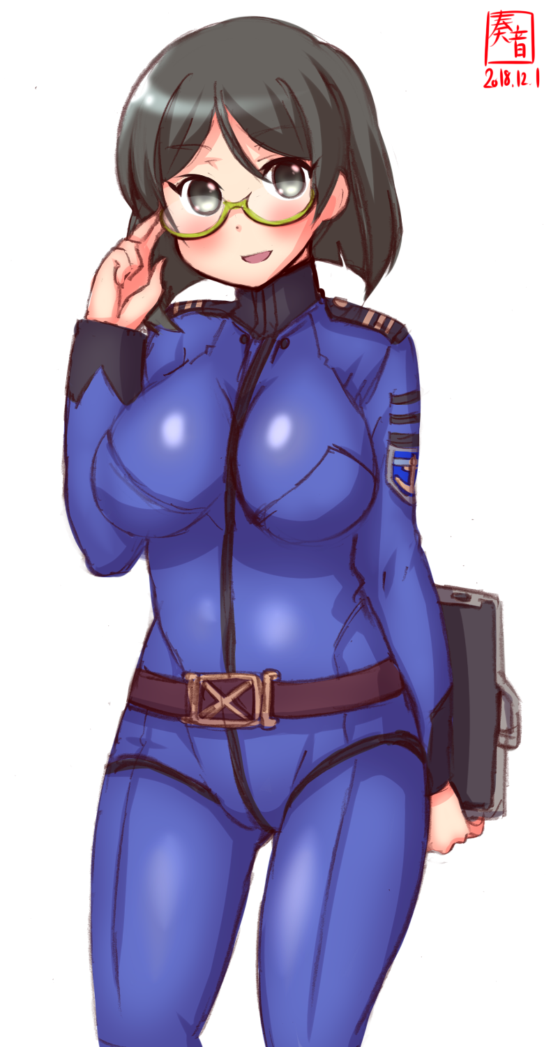 1girl, adjusting_eyewear, alternate_costume, artist_logo, belt, black_hair, blue_bodysuit, bob_cut