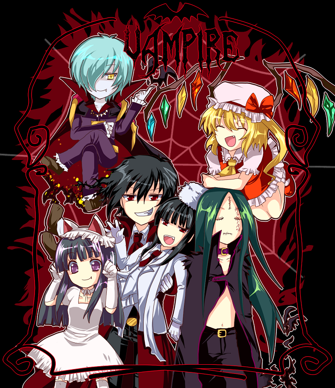 00s, 3boys, 3girls, alucard_(hellsing), animal_ears, bad_id, bad_pixiv_id, black_hair, blonde_hair, cat_ears, crossover, dress, duel_monster, elbow_gloves, closed_eyes, fang, flandre_scarlet, fur_hat, genderswap, genderswap_(ftm), genderswap_(mtf), girlycard, gloves, green_hair, hair_over_one_eye, hat, hazuki_(tsukuyomi), hellsing, kemonomimi_mode, crossed_legs, long_hair, multiple_boys, multiple_crossover, multiple_girls, purple_eyes, red_eyes, scar, short_hair, shougo_kota, sitting, touhou, tsukuyomi_moonphase, vampire, vampire_lord, yellow_eyes, yu-gi-oh!, yuu-gi-ou, yu-gi-oh!_duel_monsters