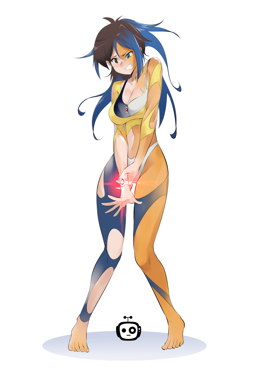 1girl, absurdres, agent_aika, aika_(series), amaha_masane, antenna_hair, artist_logo, blue_eyes, blue_hair, blush, bracelet, breasts, brooch, brown_eyes, brown_hair, character_transformation, cleavage, closed_mouth, commentary, commentary_request, commission, crossover, dark-skinned_female, dark_skin, english_commentary, female_focus, highres, jewelry, kometoze, large_breasts, logo, long_hair, shivie_aika, solo, sumeragi_aika, thighs, torn_clothes, transformation, ultranite, white_background, witchblade