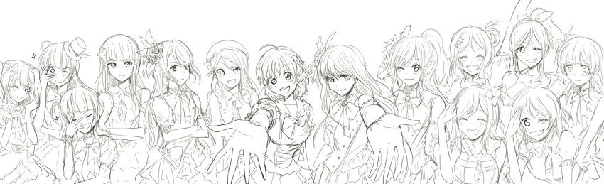 10s, 6+girls, ahoge, bang_dream!, bang_dream!_girls_band_party!, blush, bow, braid, crossed_arms, crossover, fns_music_festival, greyscale, grin, hair_bow, hair_ornament, hat, highres, hikawa_sayo, imai_lisa, kunikida_hanamaru, kurosawa_dia, kurosawa_ruby, long_hair, looking_at_viewer, love_live!, love_live!_sunshine!!, matsuura_kanan, minato_yukina, mole, mole_under_mouth, monochrome, multiple_girls, ohara_mari, one_eye_closed, open_mouth, parted_lips, ponytail, raikou104, reaching, reaching_towards_viewer, roselia_(bang_dream!), sakurauchi_riko, salute, shirokane_rinko, short_hair, simple_background, skirt, smile, standing, takami_chika, teeth, tsushima_yoshiko, twintails, udagawa_ako, watanabe_you, white_background, wink