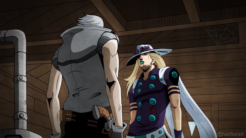 2boys, alternate_color, blonde_hair, grey_hair, gun, gyro_zeppeli, hachuart, handgun