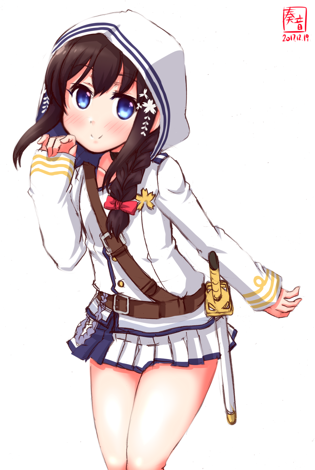 1girl, artist_logo, belt, black_hair, blue_eyes, braid, commentary_request, cosplay, cowboy_shot, dated, female_focus, hair_over_shoulder, highres, historical_name_connection, hood, hooded_jacket, jacket, kanon_(kurogane_knights), kantai_collection, logo, long_hair, looking_at_viewer, name_connection, pleated_skirt, revision, shigure_(kancolle), shigure_(warship_girls_r), shigure_(zhan_jian_shao_nyu)_(cosplay), simple_background, single_braid, skirt, smile, solo, strap, sword, warship_girls_r, weapon, white_background, white_hood, white_jacket, white_skirt