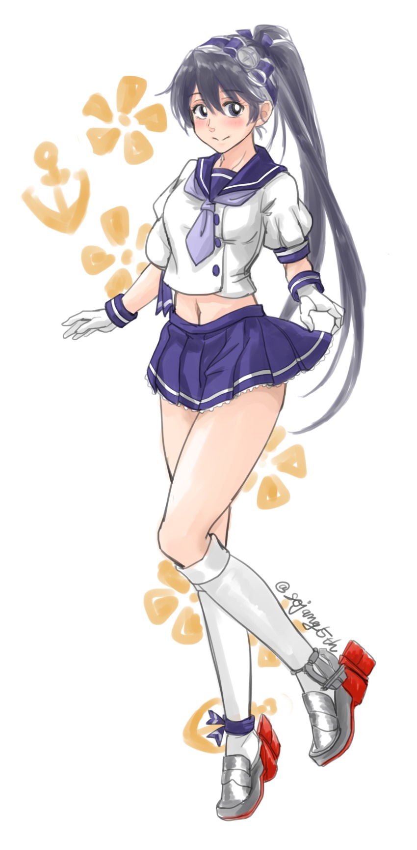 1girl, absurdres, adapted_costume, black_eyes, black_hair, blue_sailor_collar, blue_skirt, blush