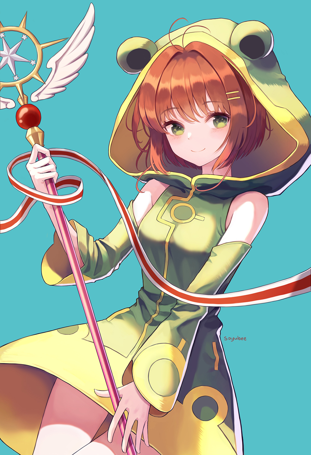 1girl, animal_costume, animal_hood, antenna_hair, artist_name, bare_shoulders, blue_background, blush