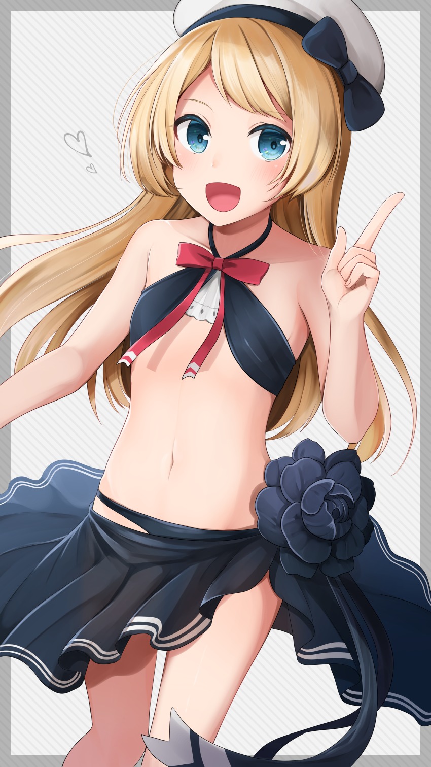 1girl, absurdres, alternate_costume, arm_up, bikini, black_bikini, blonde_hair, blue_eyes