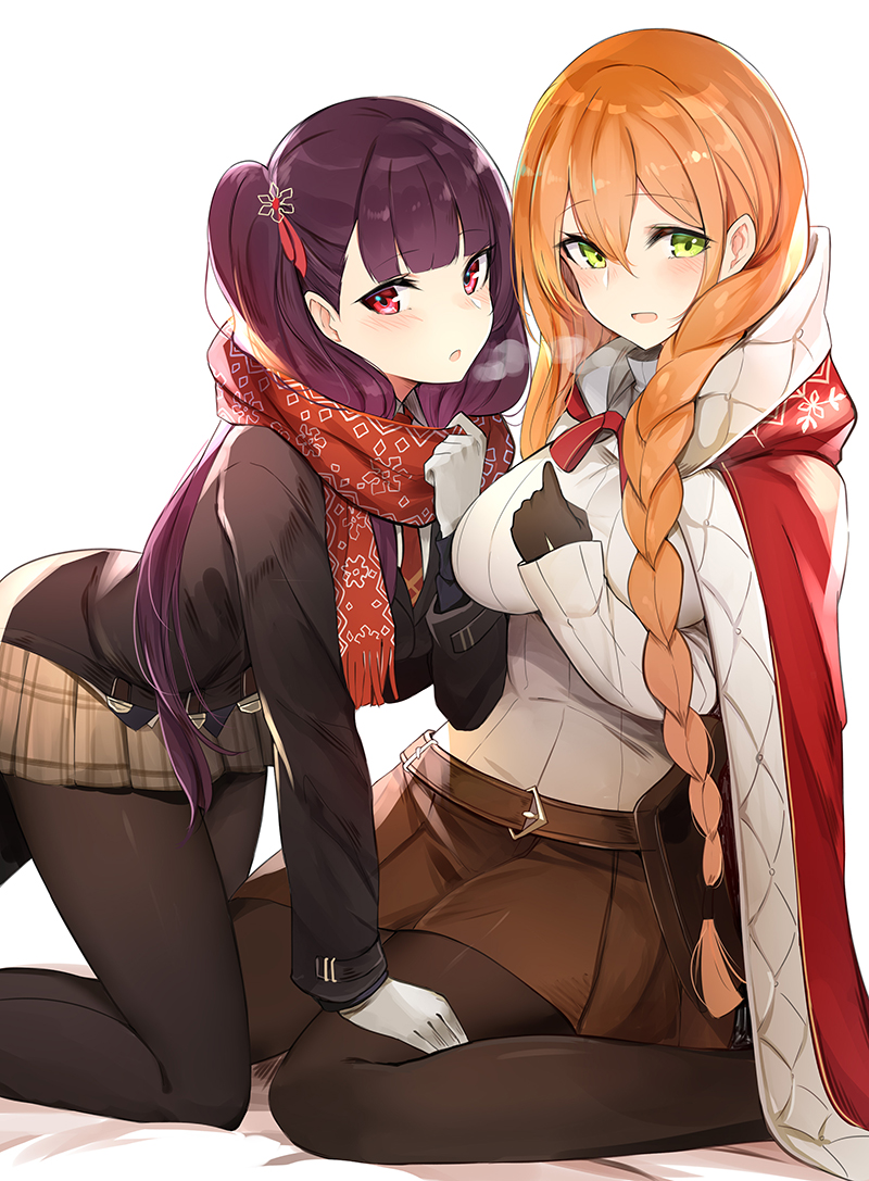 2girls, :d, :o, arm_support, belt, bent_over, black_gloves, black_jacket