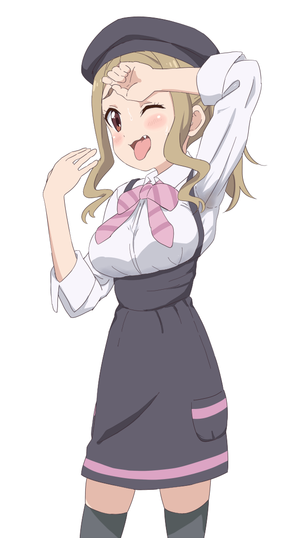 10s, 1girl, black_thighhighs, blush, breasts, brown_eyes, brown_hair, fang, female_focus, hat, large_breasts, one_eye_closed, onozuka_hikari, simple_background, sincos, skirt, smile, solo, suspender_skirt, suspenders, sweat, thighhighs, white_background, yama_no_susume