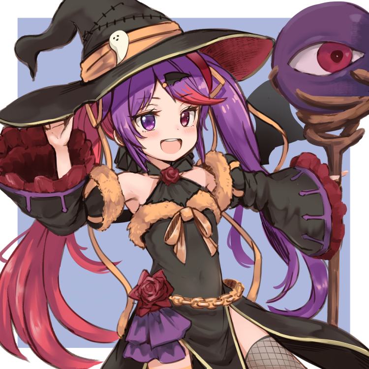1girl, :d, armpits, bare_shoulders, black_hat, blush, chain, covered_navel, cowboy_shot, dargo, detached_sleeves, eyeball, female_focus, fishnet_legwear, fishnets, flower, hair_ornament, hand_up, hat, heterochromia, holding, holding_staff, long_hair, long_sleeves, looking_at_viewer, misaki_(halloween)_(princess_connect!), misaki_(princess_connect!), multicolored_hair, open_mouth, pelvic_curtain, princess_connect!, purple_eyes, purple_hair, red_hair, rose, sidelocks, smile, solo, staff, striped_clothes, striped_thighhighs, swept_bangs, teeth, thighhighs, twintails, two-tone_hair, upper_teeth_only, very_long_hair, wide_sleeves, wing_hair_ornament, witch_hat