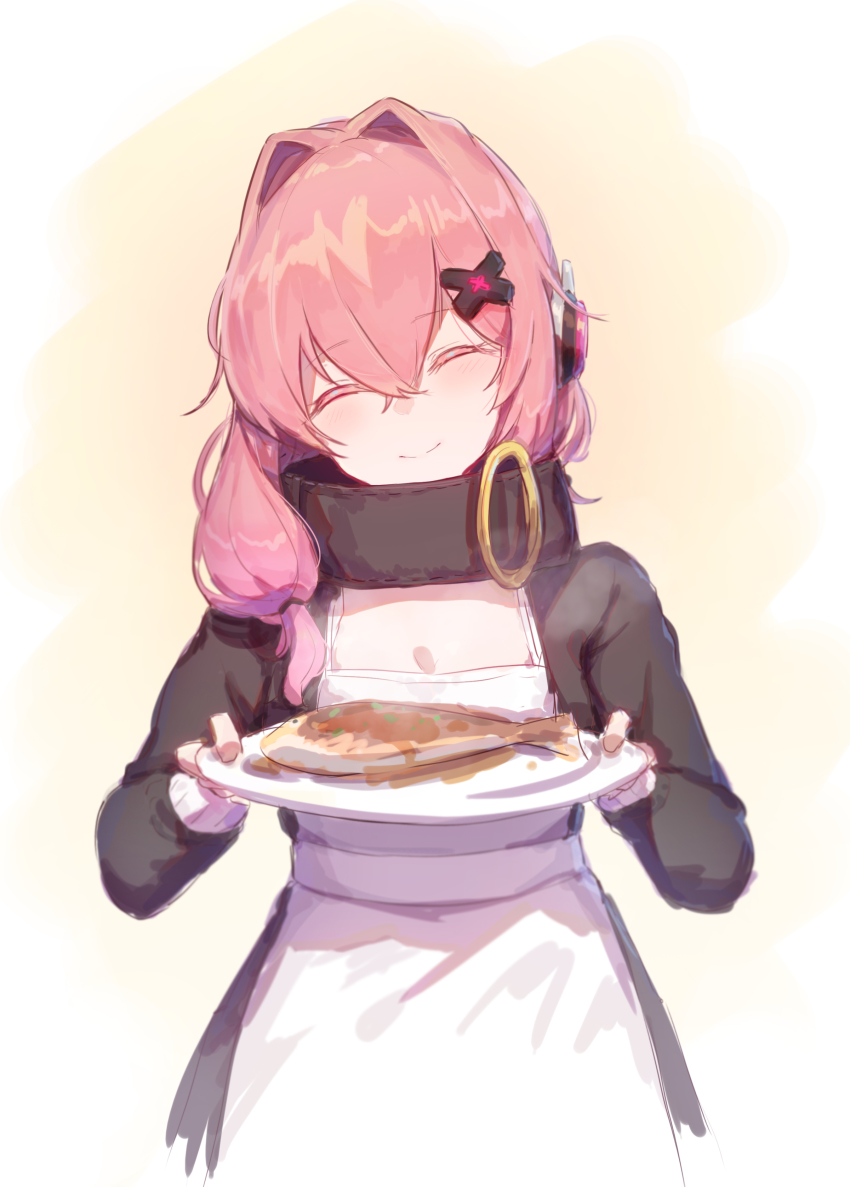1girl, ^_^, absurdres, apron, bad_food, blush, closed_eyes, commentary