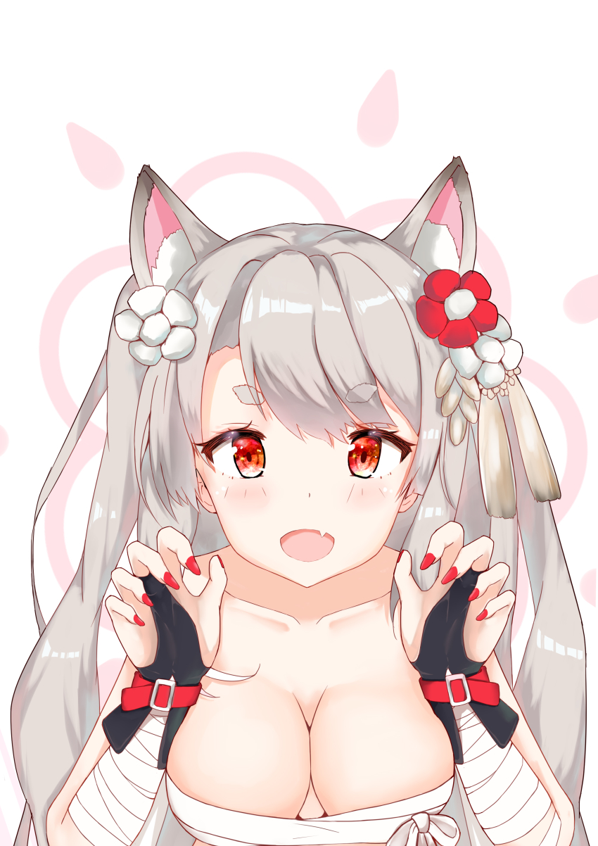 1girl, absurdres, animal_ears, azur_lane, bad_id, bad_pixiv_id, breasts, claw_pose, fang, female_focus, fingerless_gloves, flower, gloves, grey_hair, highres, laji_jiansheng, large_breasts, nail_polish, red_eyes, red_nails, sarashi, solo, wolf_ears, yuudachi_(azur_lane), yuudachi_(shogun_of_snowballs)_(azur_lane)