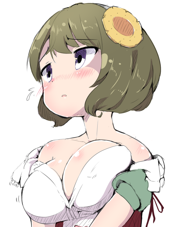 1girl, bad_id, bad_pixiv_id, blush, breasts, cleavage, female_focus, flower, green_hair, hair_flower, hair_ornament, hinako_note, kuroyanagi_ruriko, large_breasts, open_mouth, oppai_loli, purple_eyes, short_hair, simple_background, solo, tottotonero, white_background