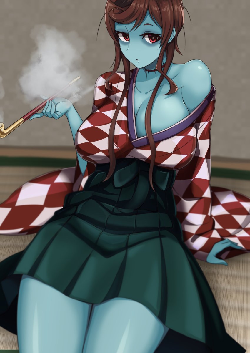 10s, absurdres, blue_skin, breasts, brown_hair, cleavage, collarbone, colored_skin, hair_ornament, highres, japanese_clothes, kimono, large_breasts, long_hair, looking_at_viewer, miniskirt, off_shoulder, smoking_pipe, pleated_skirt, red_eyes, shi_shi_ji, sitting, skirt, smoking, solo, yuugiri_(zombie_land_saga), zombie, zombie_land_saga