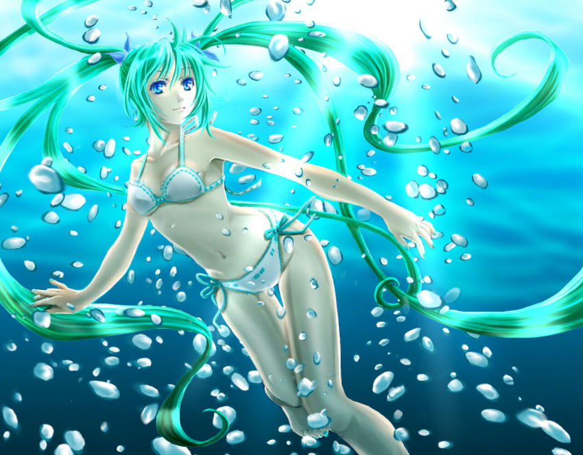 bad_id, bad_pixiv_id, bikini, blue_eyes, bubble, green_hair, hatsune_miku, long_hair