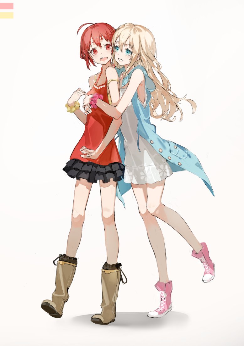 2girls, ahoge, blonde_hair, blouse, blue_eyes, boots, braid, dress, full_body, hug, kakuchou_shoujo-kei_trinary, long_hair, miniskirt, multiple_girls, open_mouth, ose_tsubame, pink_boots, red_eyes, red_hair, scrunchie, shirt, short_hair, simple_background, skirt, sleeveless, sleeveless_shirt, standing, standing_on_one_leg, tagme, teeth, thighs, tongue, uzuki_kagura, white_background, wrist_scrunchie
