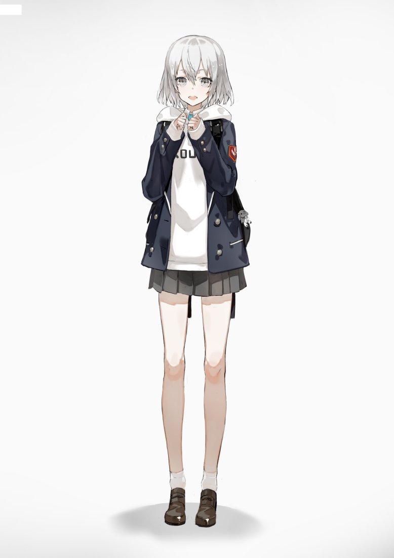 black_shoes, blouse, clothes_writing, full_body, hair_between_eyes, kakuchou_shoujo-kei_trinary, miniskirt, neco