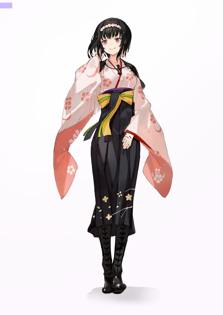 black_boots, boots, full_body, hakama, hakama_skirt, japanese_clothes, kakuchou_shoujo-kei_trinary, koigasaki_miyabi