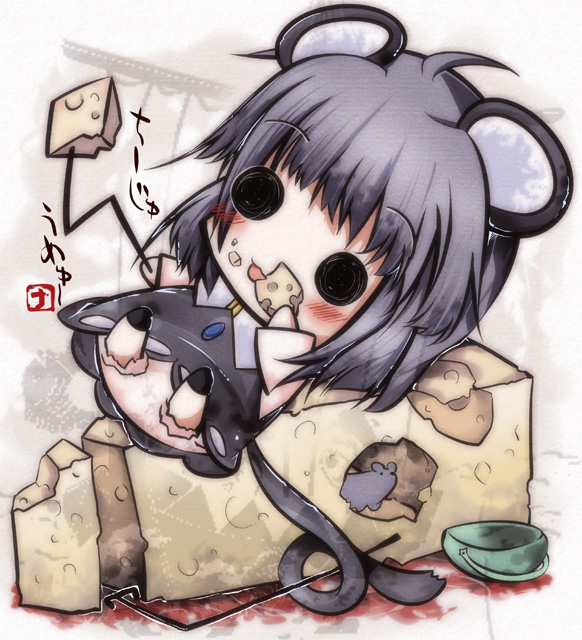 1girl, animal_ears, basket, blush, cheese, chibi, female_focus, food
