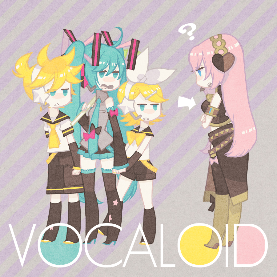 1boy, 3girls, ?, aqua_eyes, aqua_hair, arrow_(symbol), bad_id, bad_pixiv_id