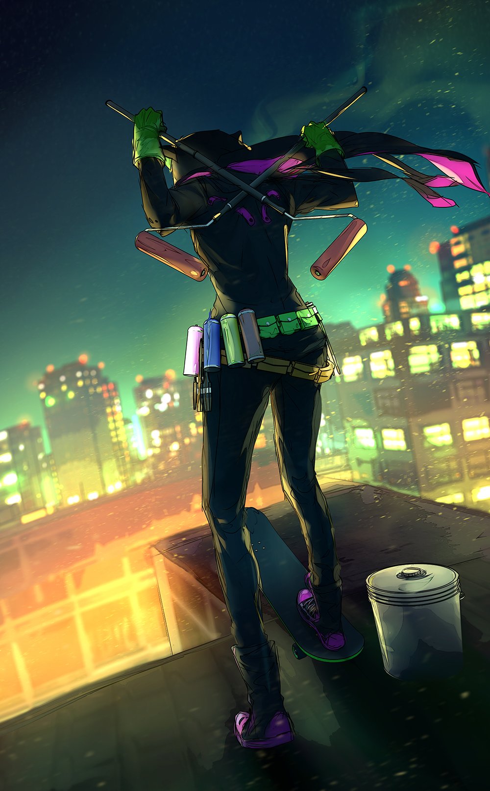 1girl, animal_hood, belt, blurry, blurry_background, city, city_lights, female_focus