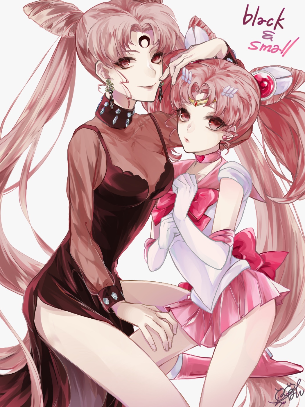 2girls, back_bow, bishoujo_senshi_sailor_moon, bishoujo_senshi_sailor_moon_r, bishoujo_senshi_sailor_moon_s, black_dress, black_lady_(sailor_moon), boots