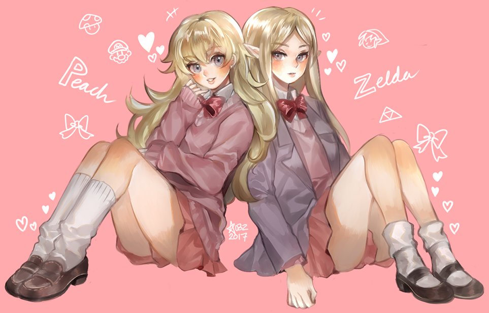 2girls, aubz, blonde_hair, blush, collared_shirt, link, long_hair, long_sleeves