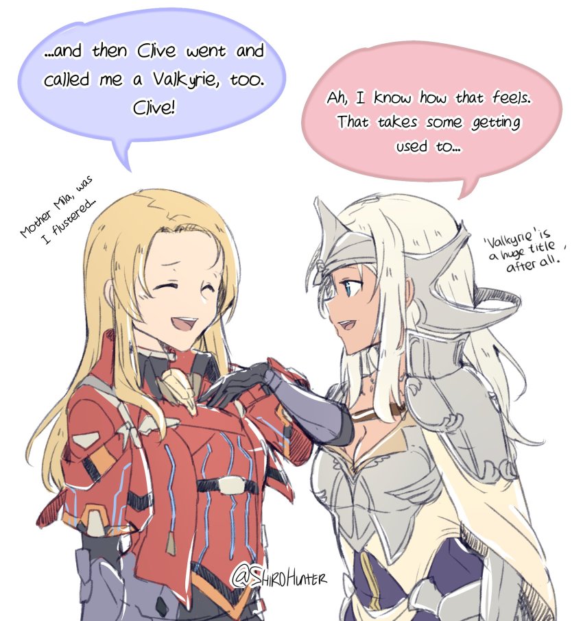 2girls, armor, blonde_hair, blue_eyes, blush, bodysuit, breastplate, breasts
