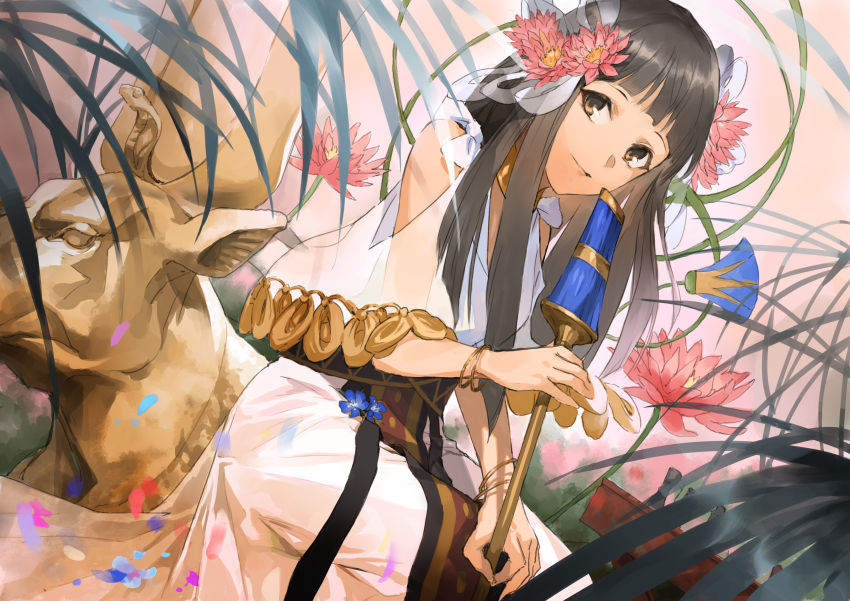 1girl, absurdres, ancient_egyptian_clothes, bracelet, brown_eyes, brown_hair, closed_mouth, clothing_cutout