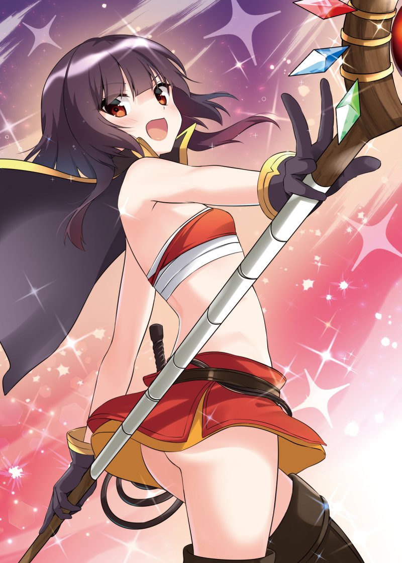 1girl, bandages, bare_shoulders, belt, black_hair, blush, cape, female_focus, fingerless_gloves, gloves, kono_subarashii_sekai_ni_shukufuku_wo!, looking_at_viewer, megumin, official_art, open_mouth, red_eyes, sarashi, short_hair, solo, sparkle, staff, taromarun, thighhighs, whip