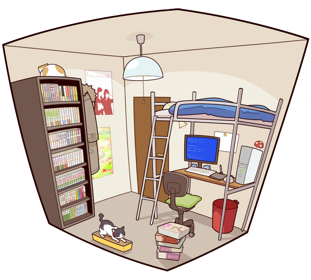 bad_id, bad_pixiv_id, bed, bedroom, blue_screen_of_death, bookshelf, bunk_bed, cat