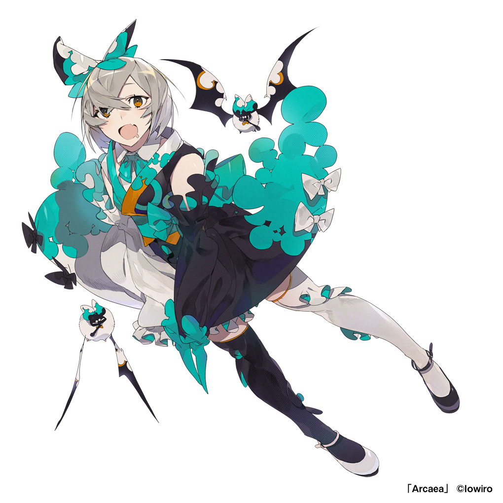 :o, aqua_neckwear, arcaea, asymmetrical_footwear, asymmetrical_legwear, ayu_(arcaea), bat_(animal), black_footwear, black_thighhighs, bow, brown_eyes, detached_sleeves, full_body, grey_hair, hair_bow, mismatched_footwear, mismatched_legwear, official_art, short_hair, solo, sowichi, thighhighs, white_background, white_bow, white_footwear, white_thighhighs, wide_sleeves