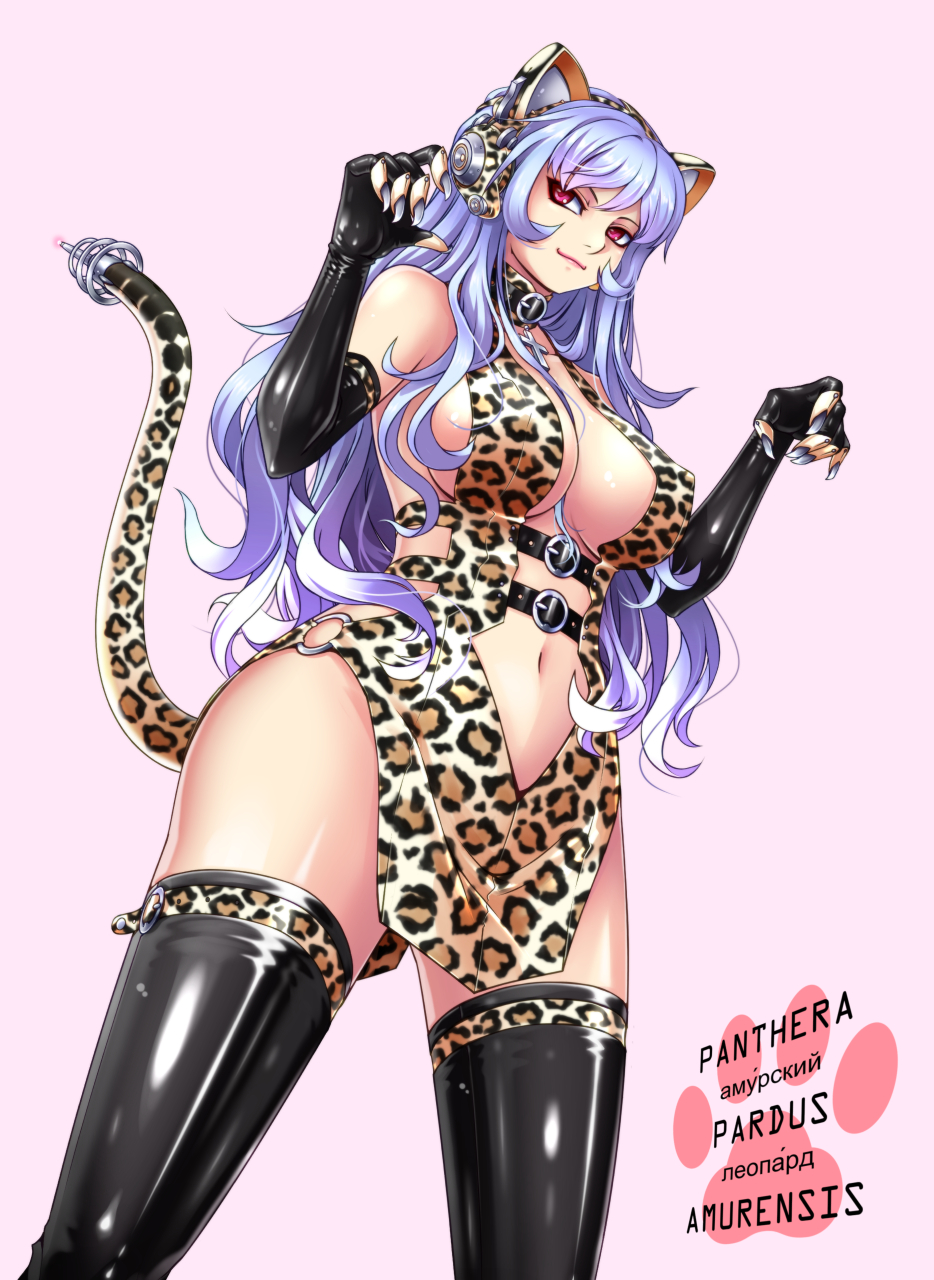 1girl, animal_ear_headphones, animal_ears, animal_print, black_boots, black_gloves, black_thighhighs, blue_hair