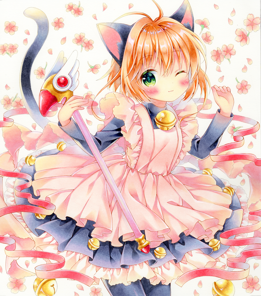 1girl, ;3, animal_ear_fluff, animal_ears, antenna_hair, apron, bad_id, bad_pixiv_id
