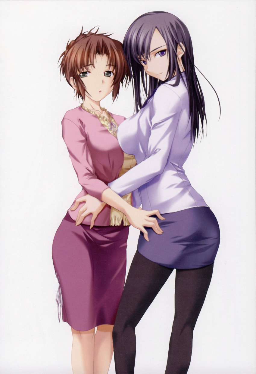 00s, 2girls, absurdres, breasts, brown_hair, grey_eyes, highres, hizuki_shino, hizuki_yuiko, kawagishi_keitarou, large_breasts, long_hair, miniskirt, multiple_girls, pantyhose, pencil_skirt, purple_eyes, purple_hair, ringetsu, shin_ringetsu, siblings, sisters, skirt, teacher, yuri