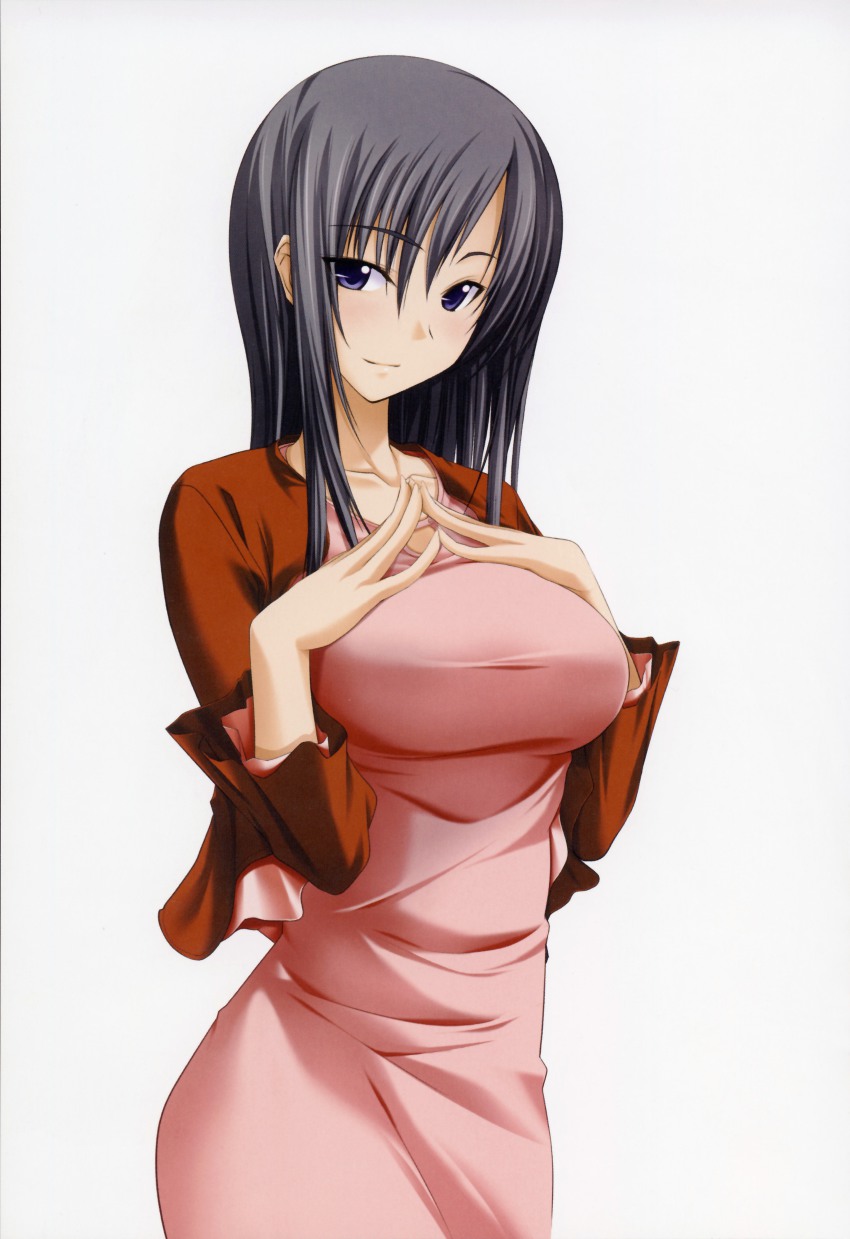 00s, 1girl, absurdres, blush, breast_hold, breast_suppress, breasts, dress