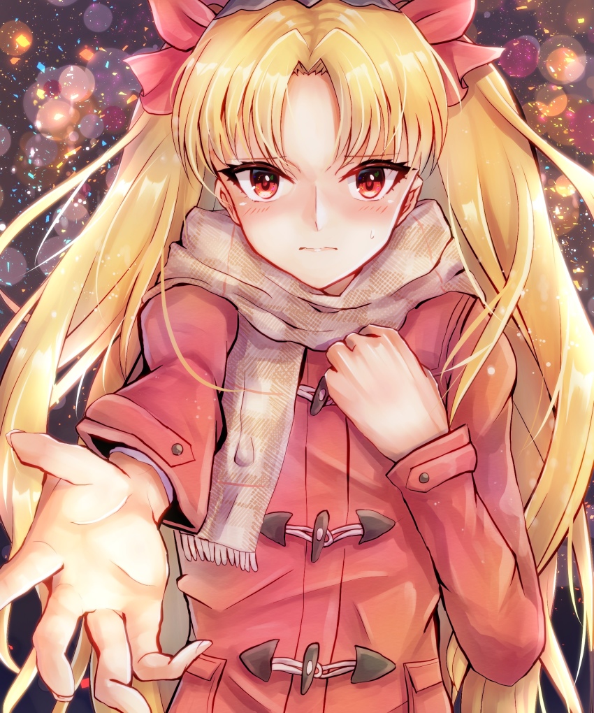 1girl, absurdres, blush, bow, coat, ereshkigal_(fate), ereshkigal_(lawson_2018)_(fate), fate/grand_order