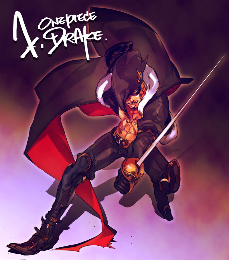 1boy, abs, belt, black_gloves, black_pants, boots, cape, character_name, copyright_name, domino_mask, eye_mask, fighting_stance, full_body, fur_trim, gloves, hat, jacket, leather, leather_pants, looking_at_viewer, male_focus, mask, muscular, one_piece, open_clothes, open_jacket, open_shirt, orange_hair, pants, purple_background, rapier, shirt, solo, sword, tetz-co, text_focus, weapon, x_drake