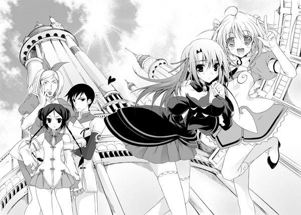 00s, 2boys, 3girls, ahoge, ascoeur, bent_over, blush, building, dress, greyscale, higa_yukari, kiddy_girl-and, kiddy_grade, long_hair, looking_at_viewer, monochrome, multiple_boys, multiple_girls, q-feuille, tareme, thighhighs, tower, tweedledee_(wonderland), tweedledum_(wonderland), tweedledum_(kiddy_grade), very_long_hair, zettai_ryouiki