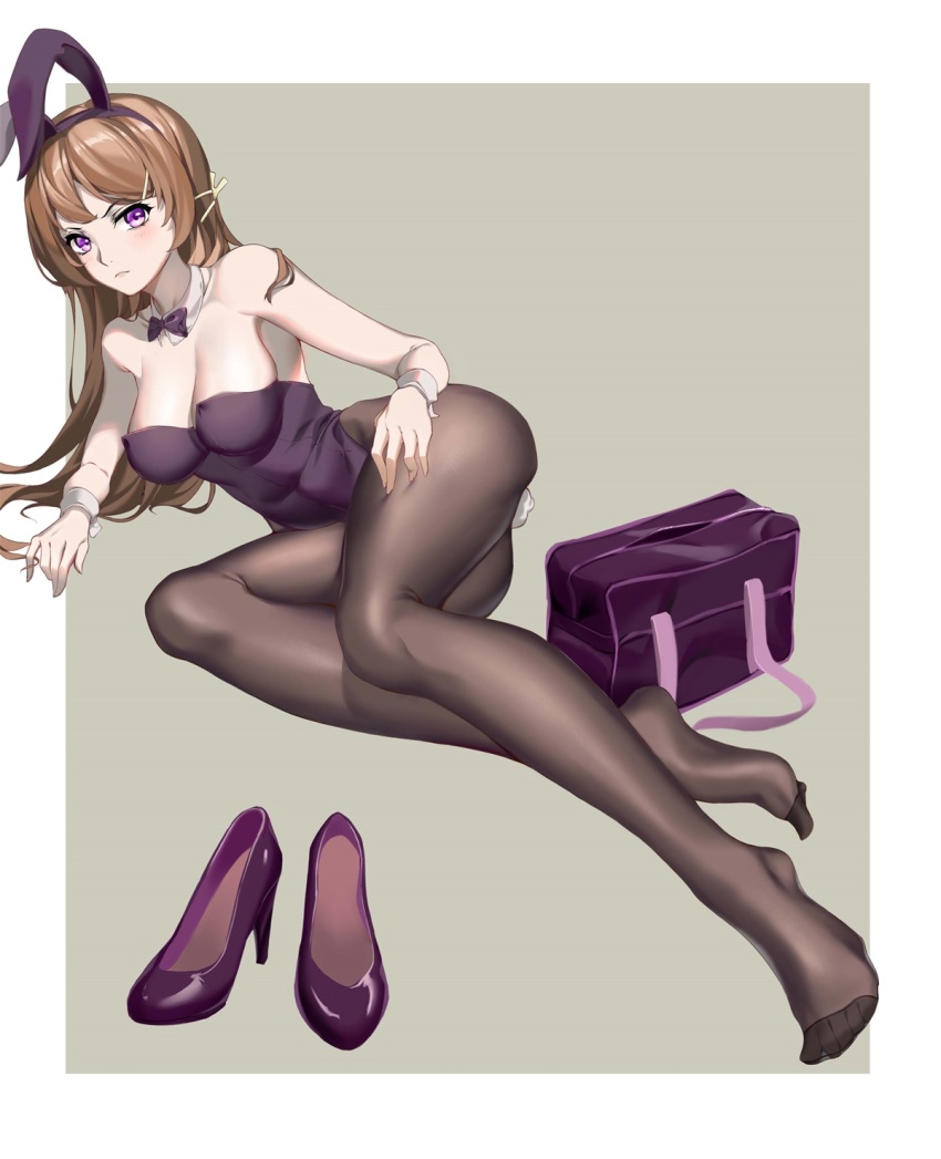 10s, 1girl, alternate_hair_color, animal_ears, bag, black_leotard, black_pantyhose, bow, bowtie, brown_hair, commentary_request, detached_collar, fake_animal_ears, feet, female_focus, full_body, grey_background, hair_ornament, hairclip, high_heels, highres, leotard, long_hair, looking_at_viewer, lying, no_shoes, on_side, pantyhose, playboy_bunny, pumps, purple_eyes, rabbit_ears, rabbit_girl, sakurajima_mai, school_bag, seiren_(753633310), seishun_buta_yarou, shoes, simple_background, solo, strapless, strapless_leotard, unworn_shoes, wrist_cuffs