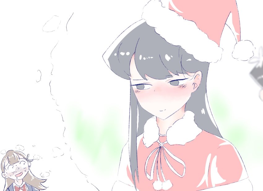 2girls, absurdres, black_eyes, black_hair, blush, brown_hair, christmas, drooling