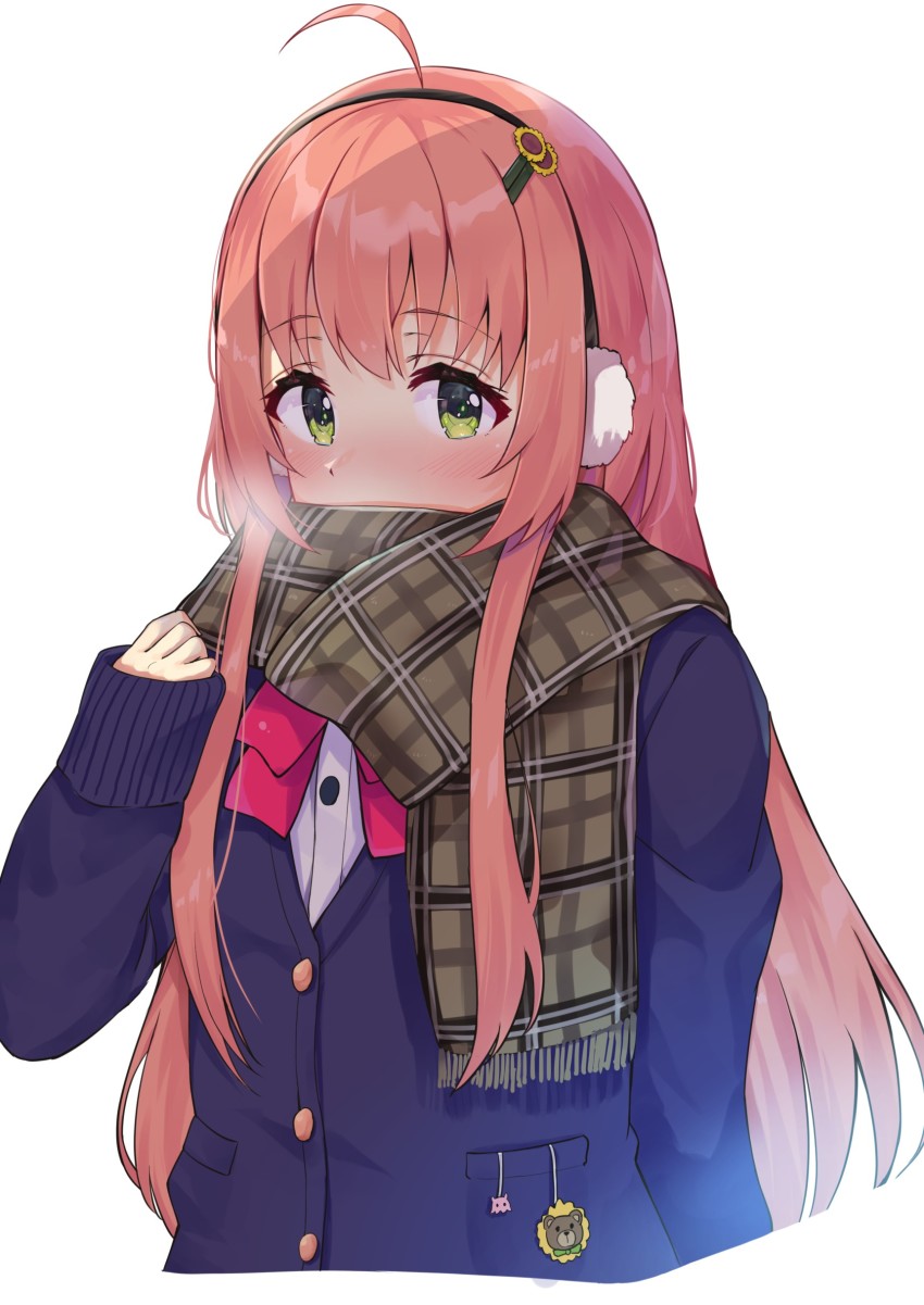 1girl, absurdres, ahoge, blue_cardigan, blush, breath, brown_hair, brown_scarf