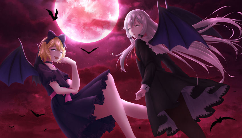 10s, 2girls, :d, bat_(animal), bat_wings, black_bow, black_dress, black_legwear