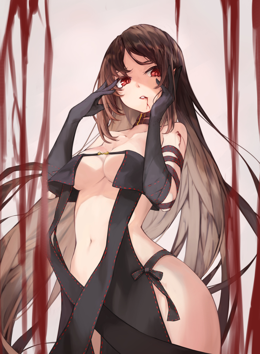 1girl, absurdres, bare_shoulders, black_dress, black_gloves, blood, blood_from_mouth, breasts